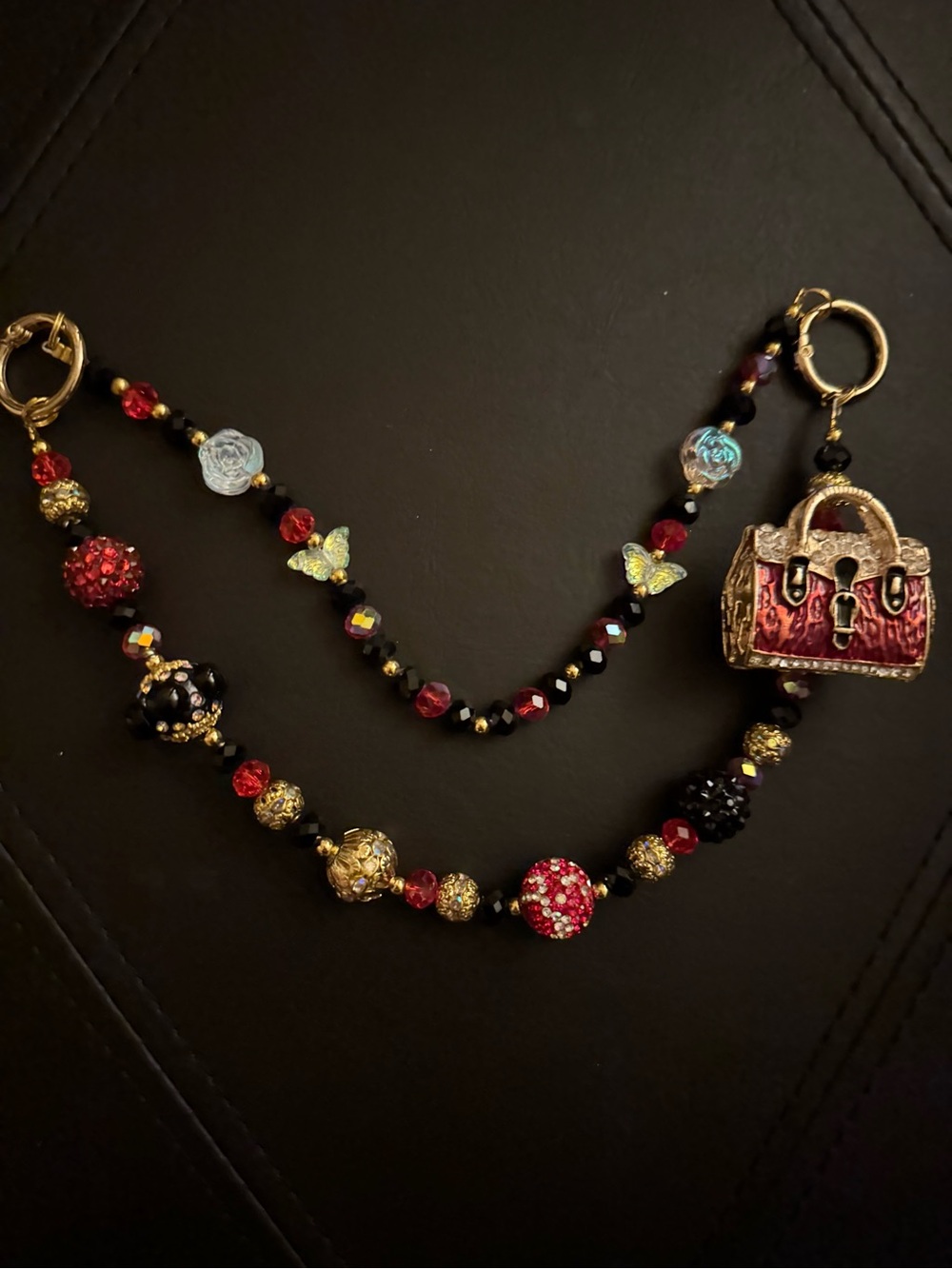 Glam Red Black Gold Beaded Purse Charm Strap – Jeweled Handbag Charm